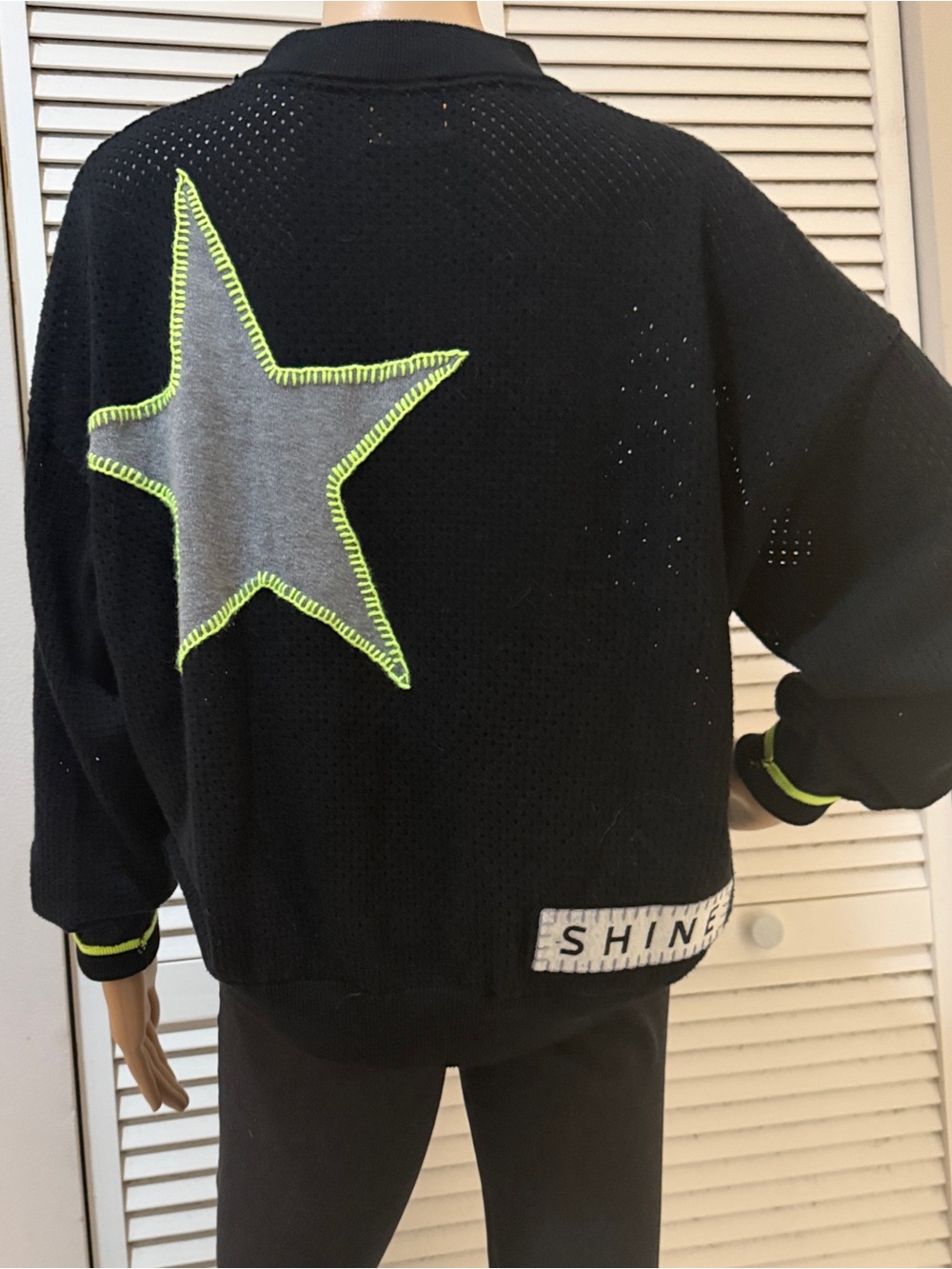 WISPR Star Shine Silk Blend Sweater Black Neon Green Open Knit Size Small